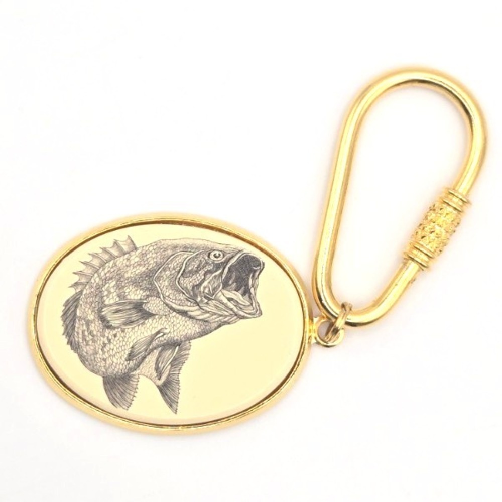 Barlow Gold Tone Oval Faux Scrimshaw Bass‎ Fish Keychain Key Ring Fob Accessory